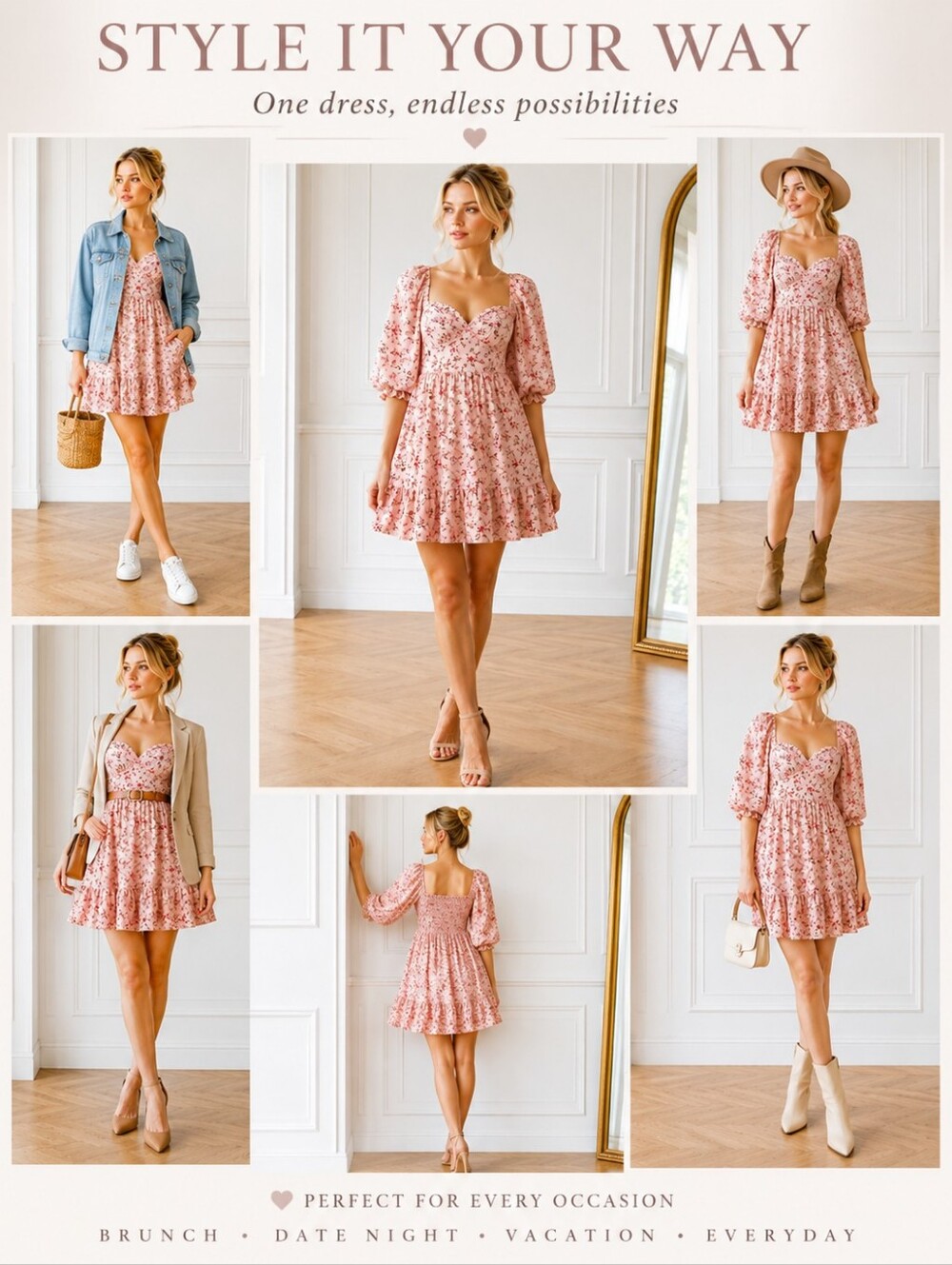 Inspired Hearts | Pink Floral Mini Dress Size Large | Puff Sleeve Babydoll Dress - Picture 3 of 8